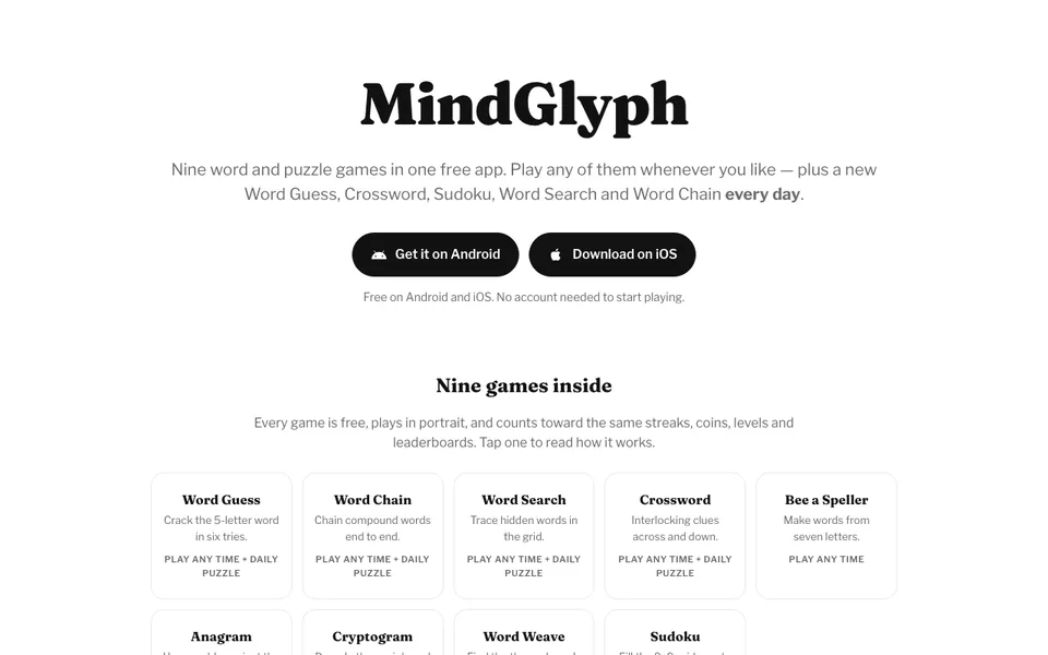 MindGlyph website introducing its word and puzzle games